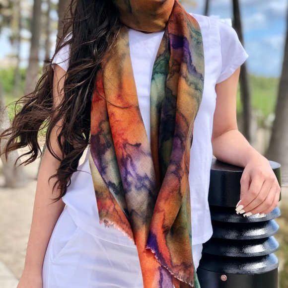 Hand Painted Ombre Watercolor Fine Wool Scarf - Picture 2 of 3